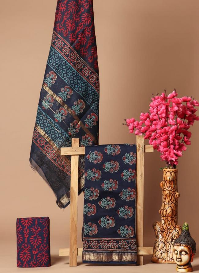 Maheshwari Silk Blue Festival Wear Block Printed Dress Material